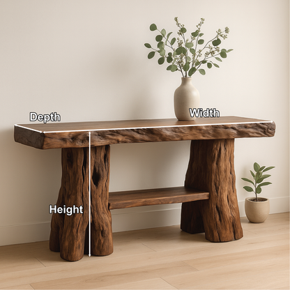 Handcrafted Solid Wood Console Table with Tree Trunk Legs for Rustic Natural Home Interiors
