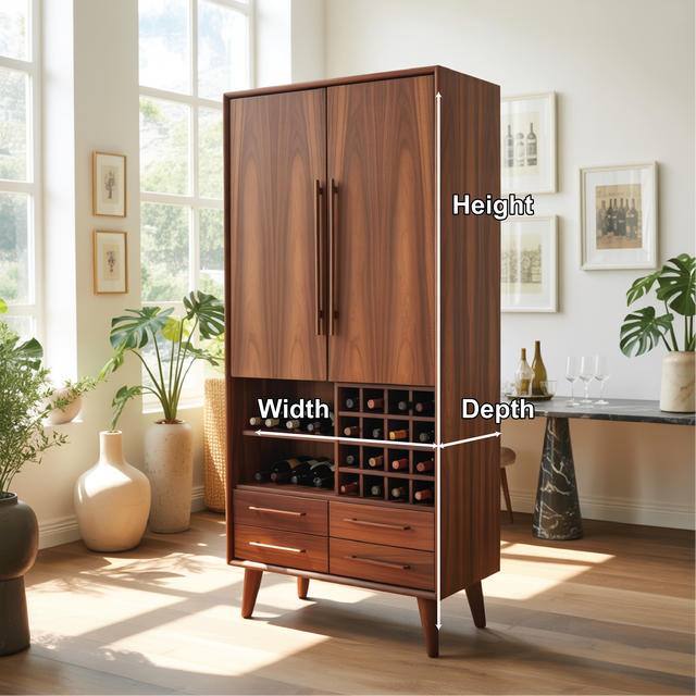 Handcrafted Solid Wood Dining Cabinet with Wine Rack, Tall Double Doors and Storage Drawers