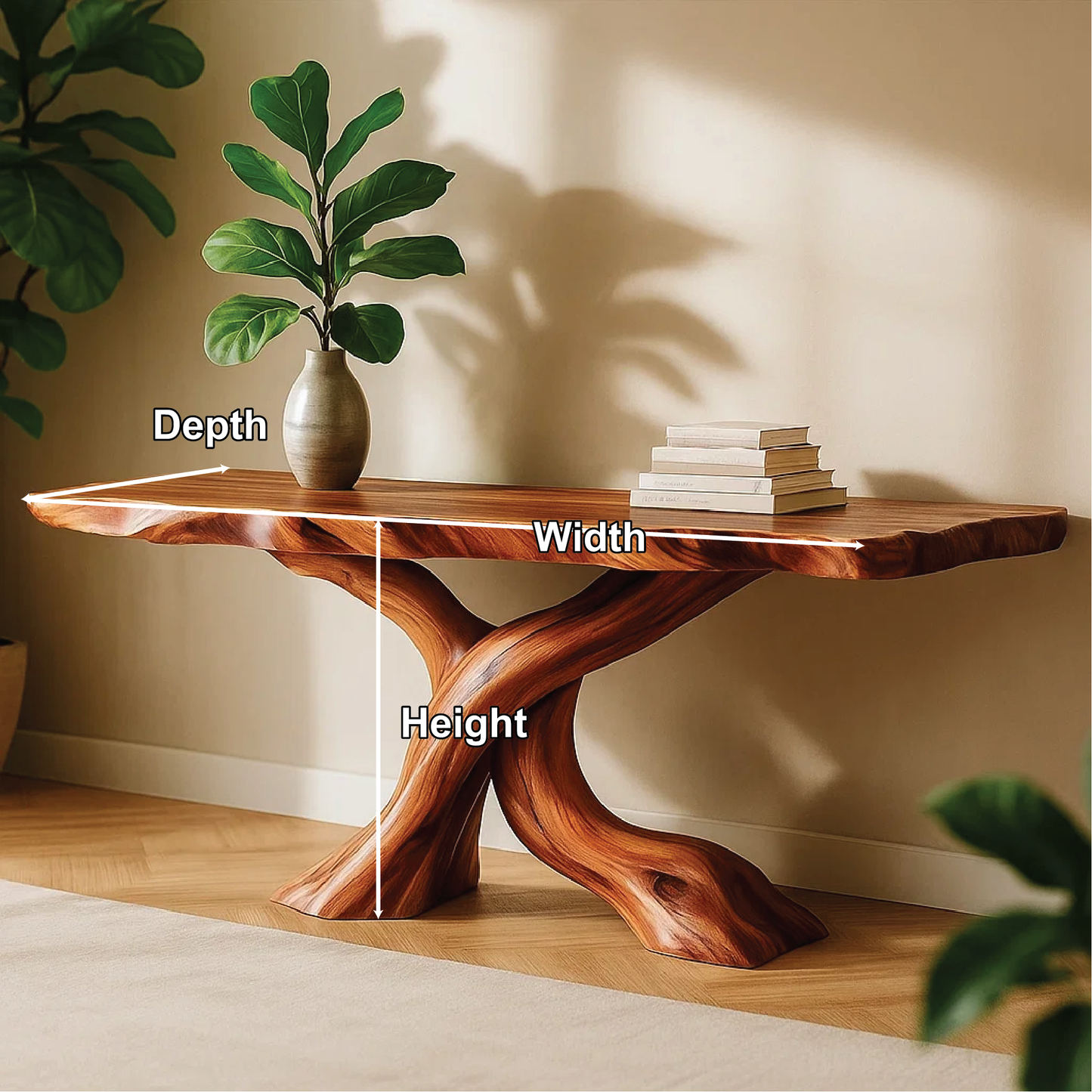 Handcrafted Solid Wood Tree Console Table with Twisted Base Design for Natural Modern Interiors