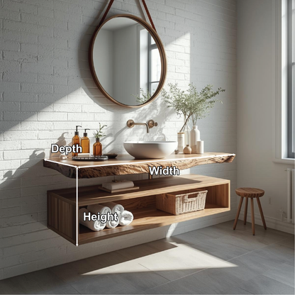 Handcrafted Solid Wood Floating Vanity with Natural Live Edge Top and Modern Minimalist Style