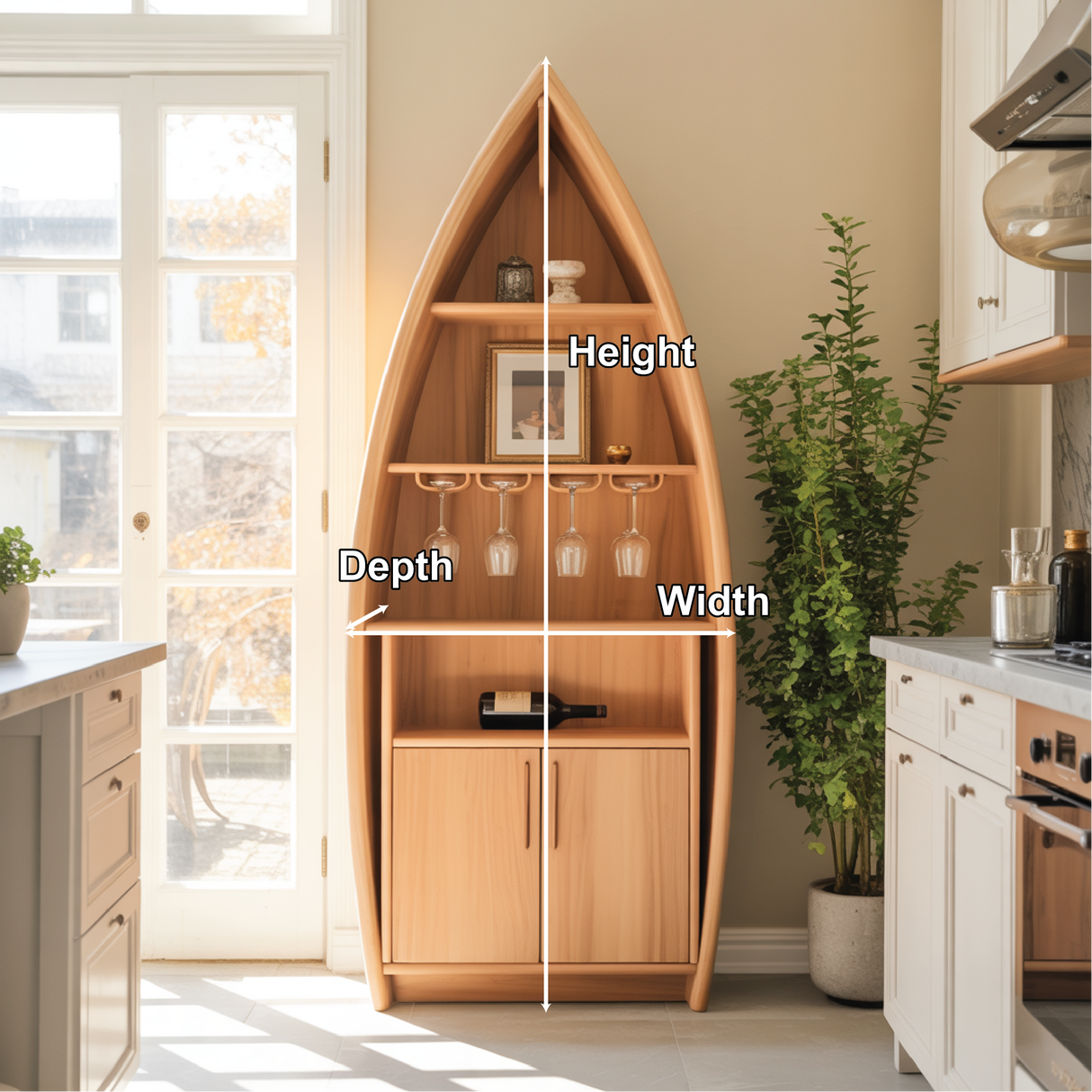 Handcrafted Solid Wood Boat-Shaped Dining Cabinet with Glass Rack and Lower Storage Doors
