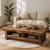 Handcrafted Solid Wood Coffee Table with Live Edge Design and Double Shelf for Storage