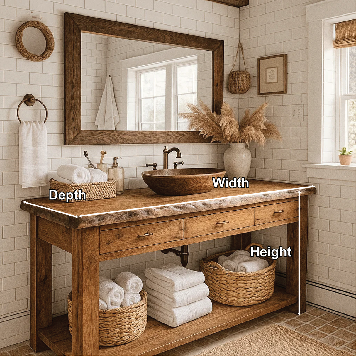 Rustic Handcrafted Solid Wood Bathroom Vanity with Live Edge Top and Natural Farmhouse Style