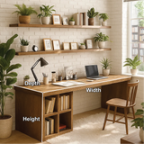 Handcrafted Solid Wood Work Desk – Long Home Office Table with Bookshelf and Natural Finish