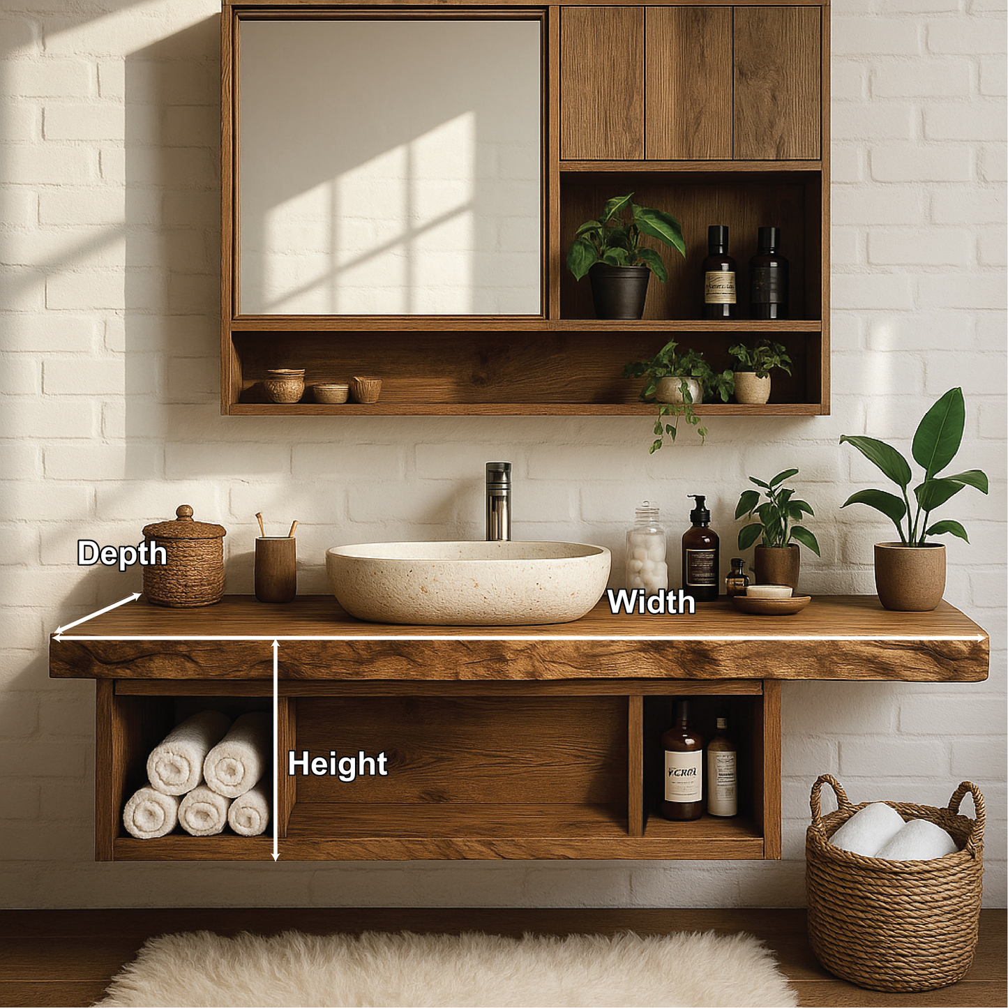 Handcrafted Solid Wood Floating Vanity with Live Edge Shelf and Matching Wall Cabinet