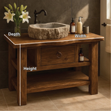 Handcrafted Solid Wood Bathroom Vanity with Drawer and Shelves for Rustic Natural Interior Design