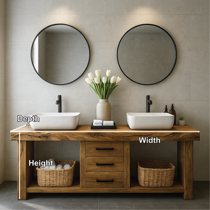 Handcrafted Solid Wood Double Sink Bathroom Vanity with Central Drawers and Natural Finish