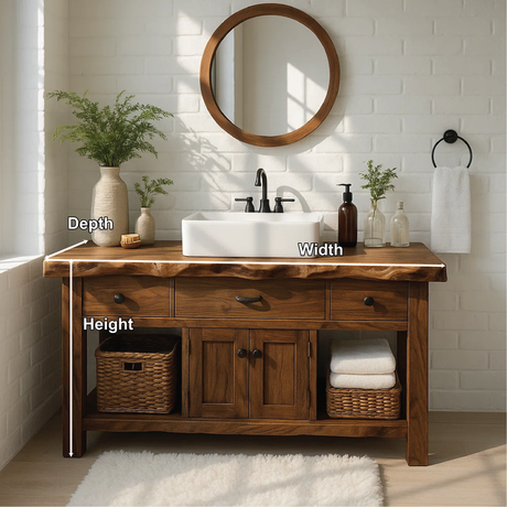 Handcrafted Solid Wood Vanity with Live Edge Top and Rustic Cabinet Storage Design