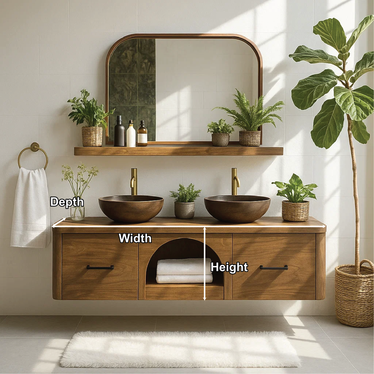 Handcrafted Solid Wood Double Floating Vanity – Arched Center Storage Design
