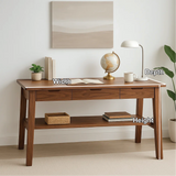 Handcrafted Solid Wood Writing Desk – Minimalist Work Table with Drawers and Open Shelf Design