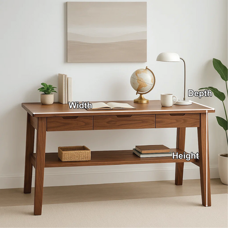 Handcrafted Solid Wood Writing Desk – Minimalist Work Table with Drawers and Open Shelf Design