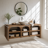 Handcrafted Solid Wood Floating Vanity with Arched Open Shelves and Modern Minimal Design