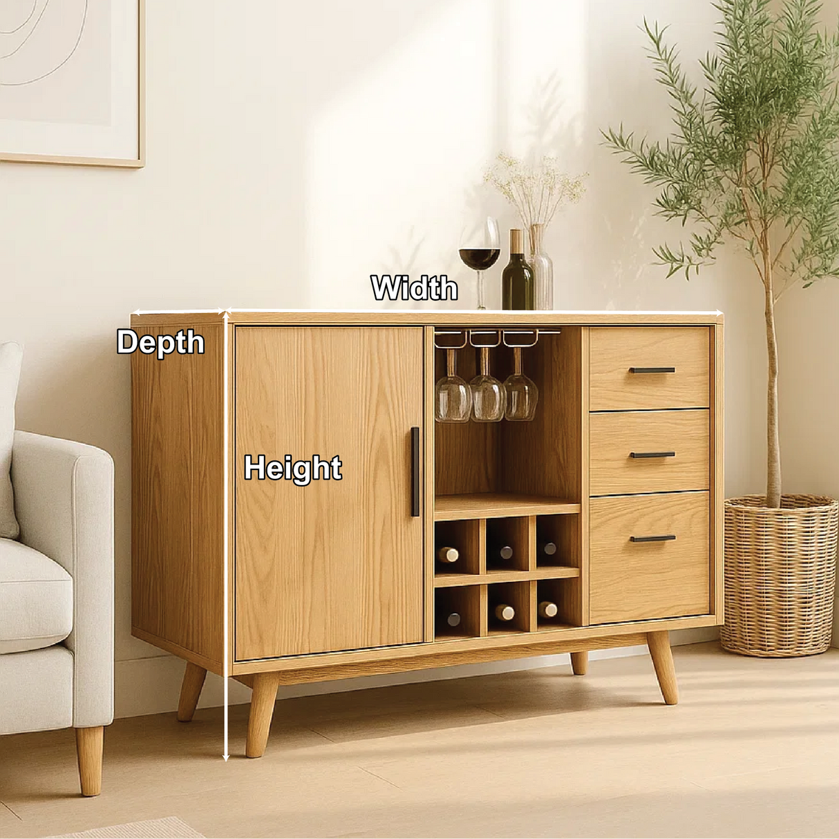 Solid Wood Wine Storage Cabinet with Bottle Rack, Glass Holders and Drawers for Modern Homes