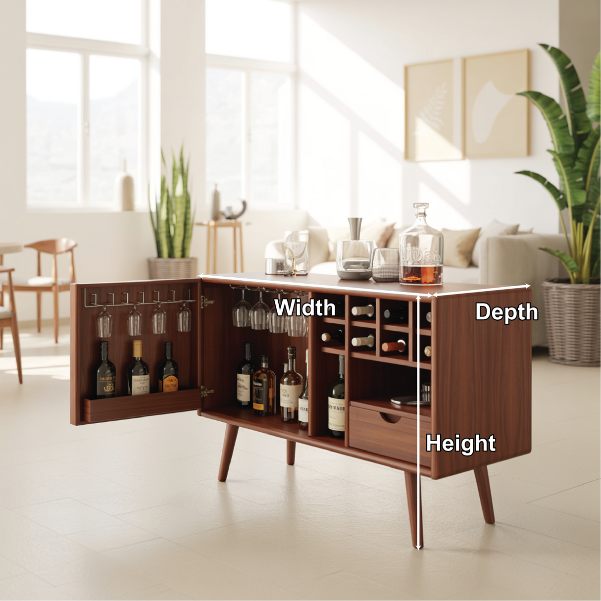 Solid Wood Wine Storage Cabinet with Glass Holders, Bottle Racks and Modern Mid-Century Design