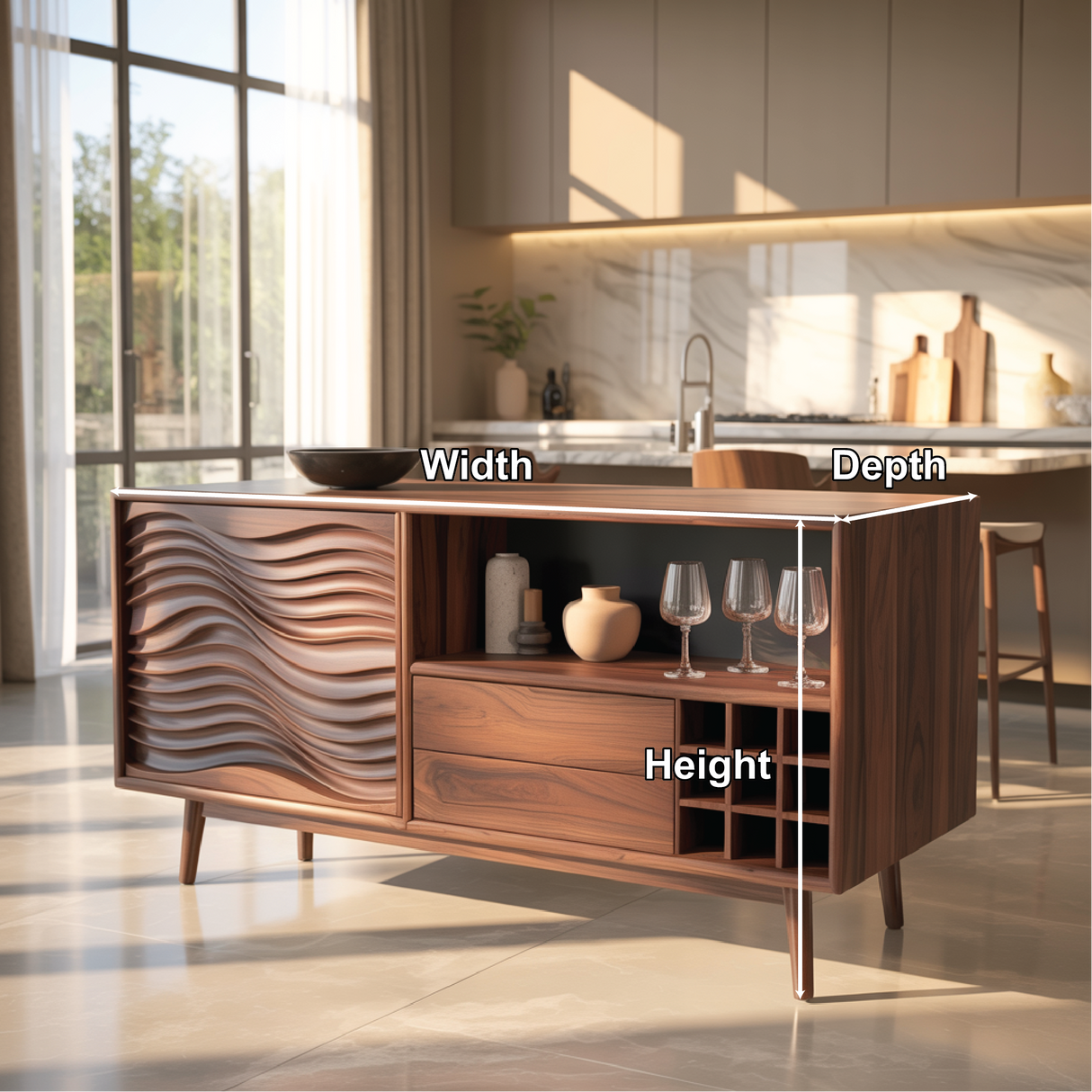 Handcrafted Solid Wood Dining Cabinet with Wave Carved Door, Open Display Shelf and Wine Storage