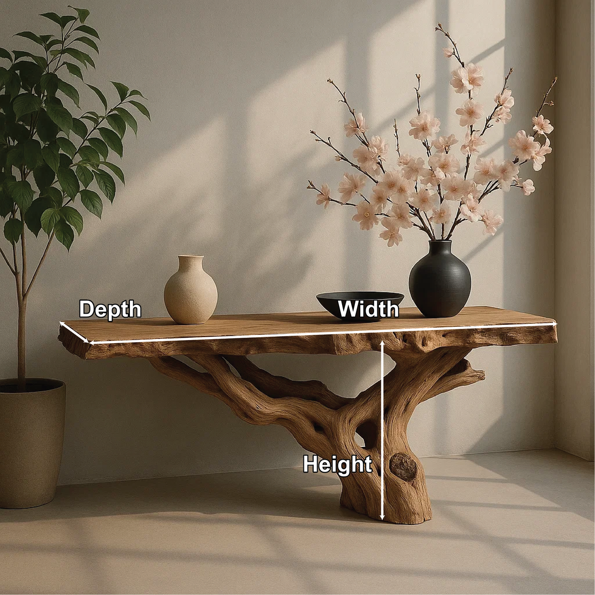 Handcrafted Solid Wood Console Table with Natural Root Base and Organic Live Edge Design