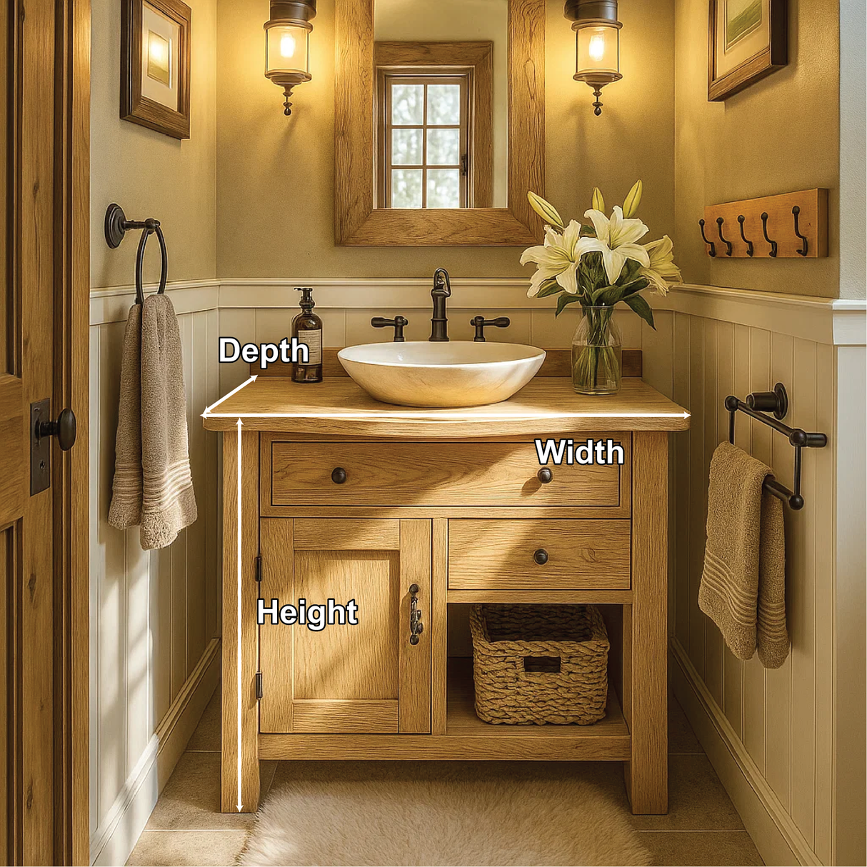 Handcrafted Solid Wood Bathroom Vanity with Drawer and Cabinet Storage in Natural Wood Finish