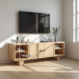 Handcrafted Solid Wood TV Stand with Double Doors and Open Shelves in Natural Oak Finish