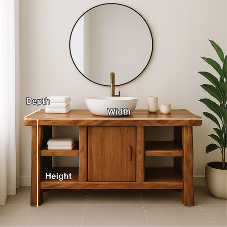 Handcrafted Solid Wood Bathroom Vanity with Center Cabinet and Open Shelves in Natural Finish