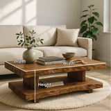 Handcrafted Solid Wood Coffee Table with Double Live Edge Shelves and Natural Rustic Finish