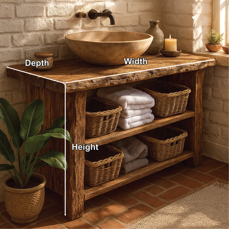Rustic Handcrafted Solid Wood Bathroom Vanity with Open Shelves and Natural Live Edge Design