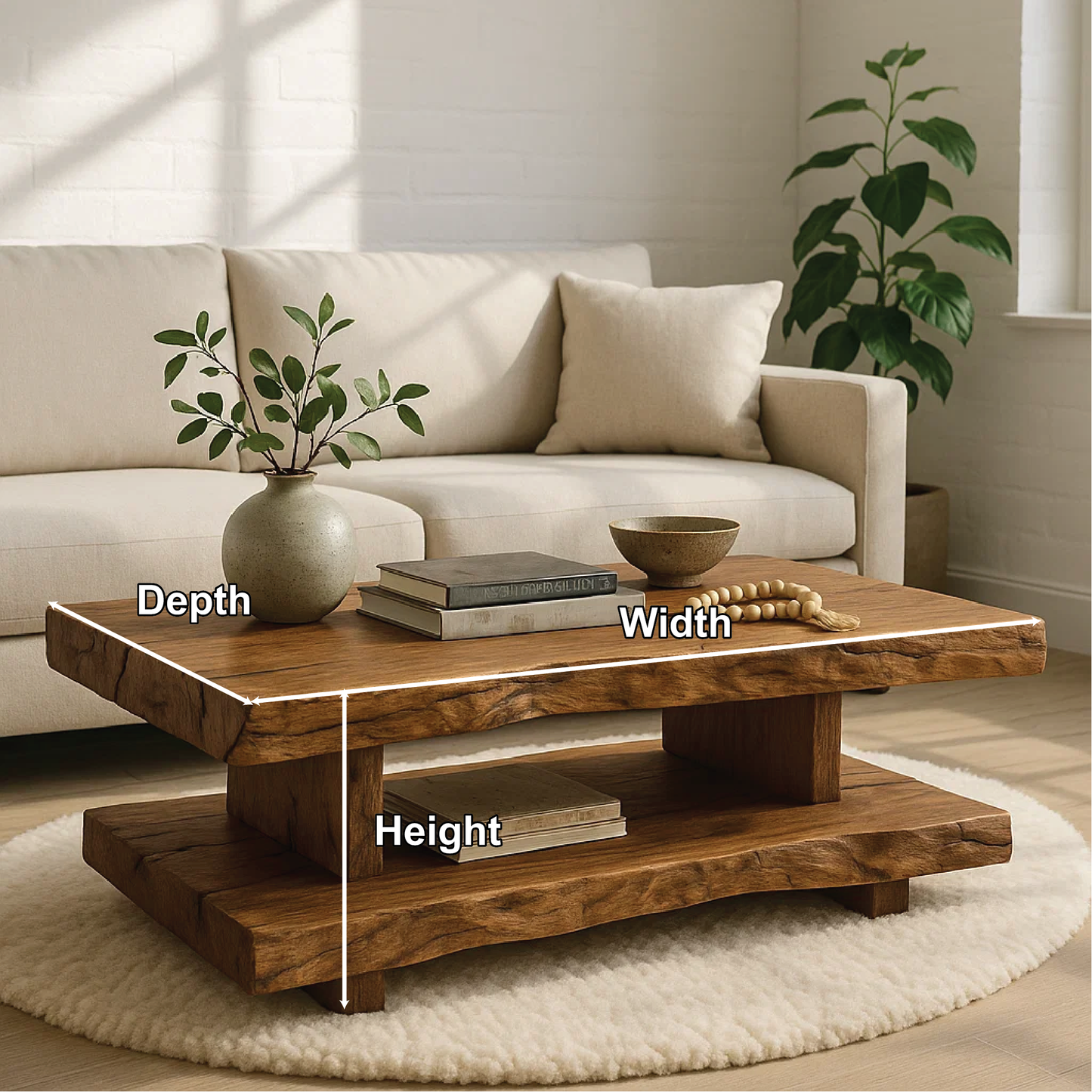 Handcrafted Solid Wood Coffee Table with Double Live Edge Shelves and Natural Rustic Finish