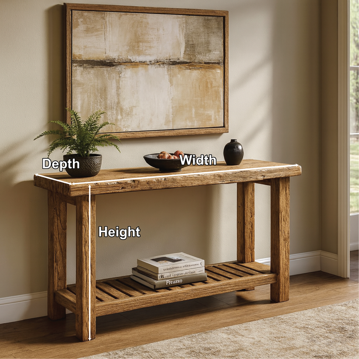 Handcrafted Solid Wood Console Table with Rustic Slatted Shelf for Entryway or Living Room