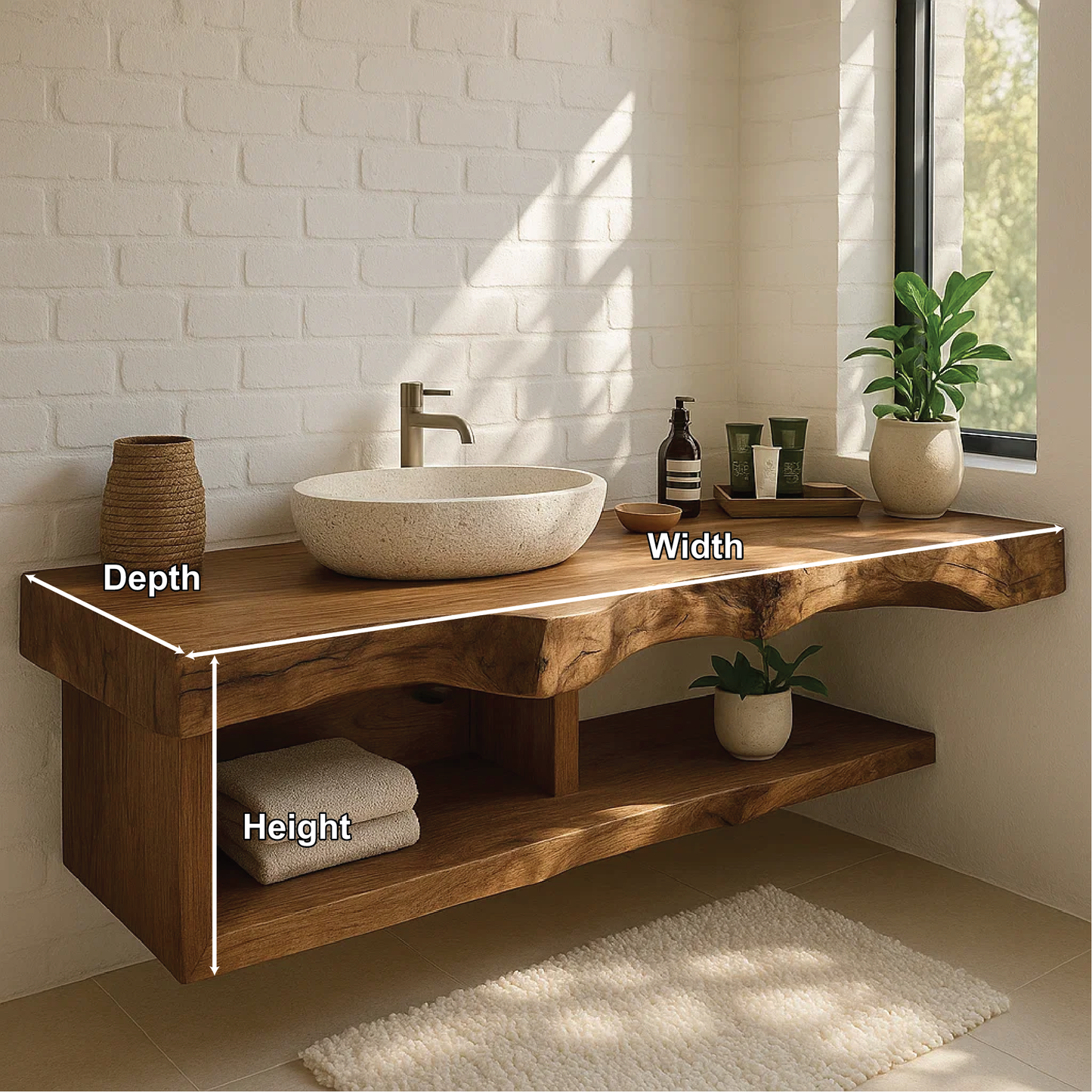 Handcrafted Solid Wood Floating Vanity with Natural Live Edge and Open Shelf Design