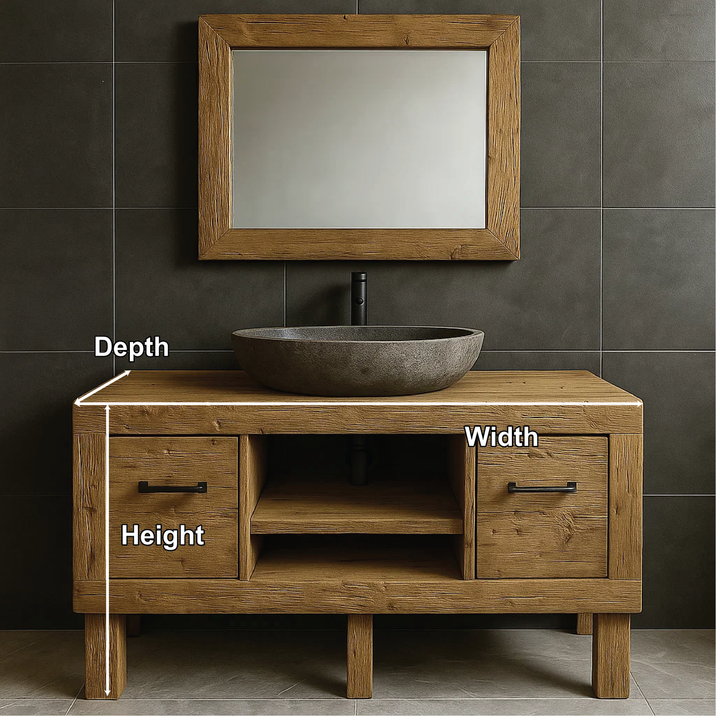 Modern Rustic Handcrafted Solid Wood Bathroom Vanity with Storage Drawers and Open Shelves