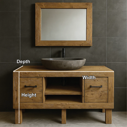 Modern Rustic Handcrafted Solid Wood Bathroom Vanity with Storage Drawers and Open Shelves
