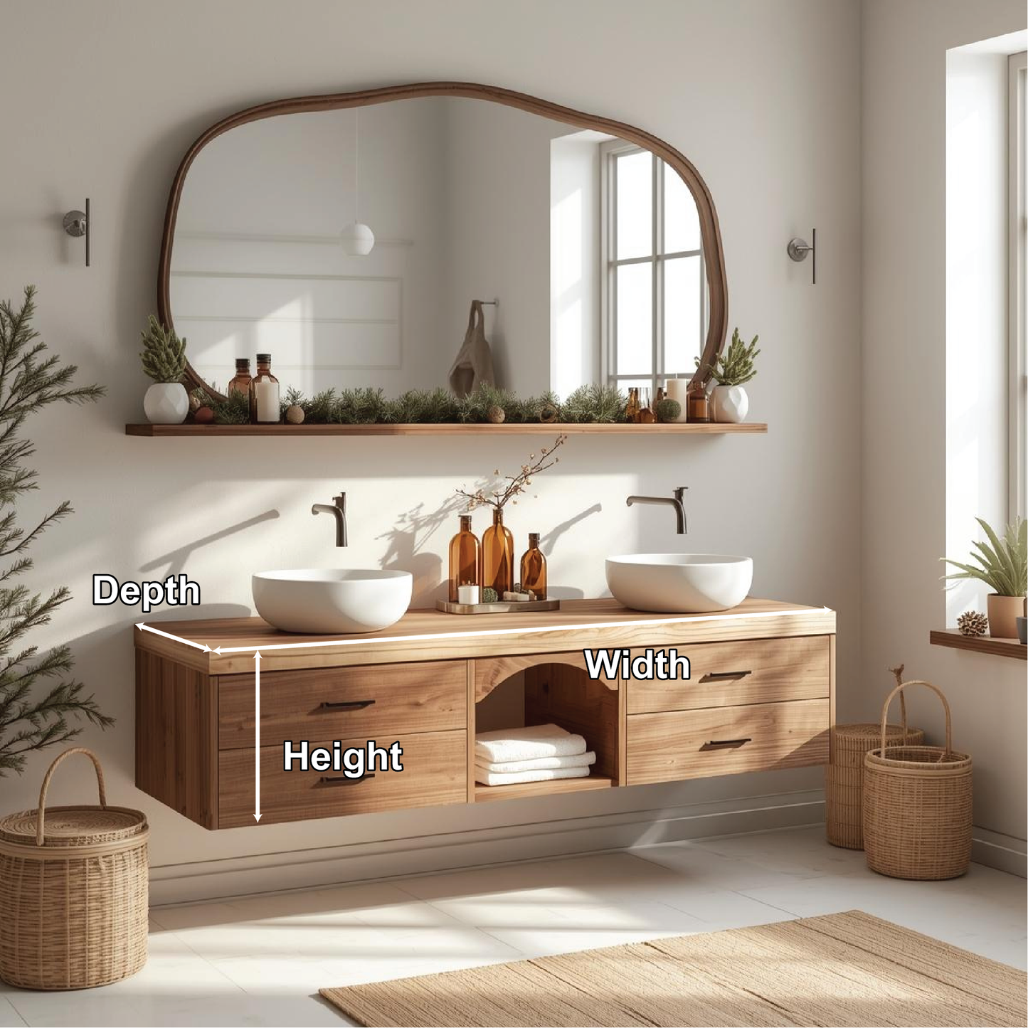 Handcrafted Solid Wood Floating Double Sink Vanity with Drawers and Natural Finish for Bathroom