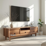 Handcrafted Solid Wood TV Stand with Sliding Doors and Minimalist Design for Modern Interiors