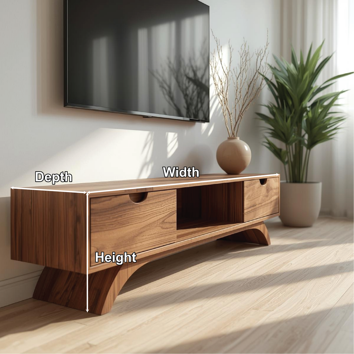 Handcrafted Solid Wood TV Stand with Curved Base and Natural Walnut Finish for Modern Living
