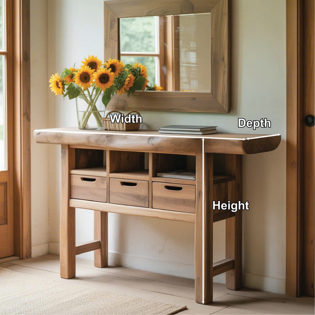 Handcrafted Solid Wood Console Table with Live Edge and Storage Drawers for Rustic Interiors