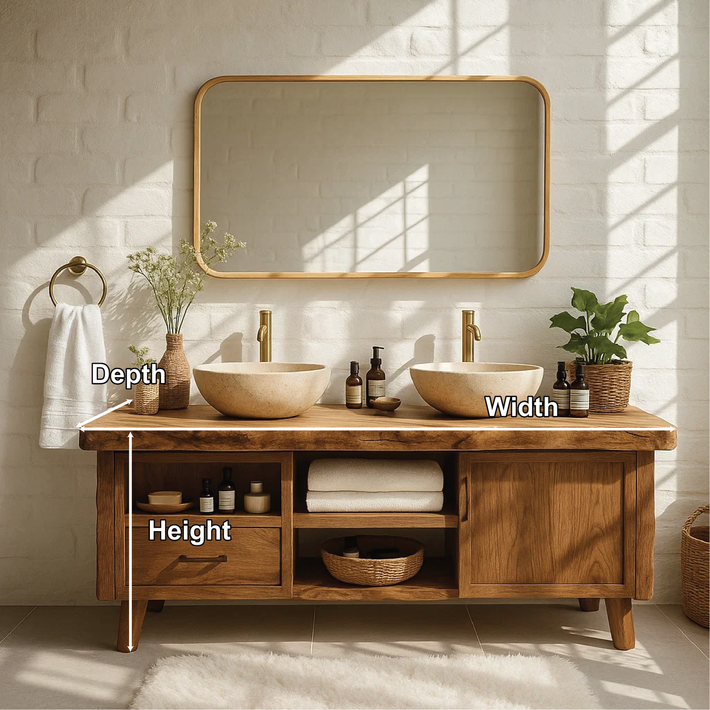 Handcrafted Solid Wood Double Bathroom Vanity with Live Edge Countertop and Modern Legs