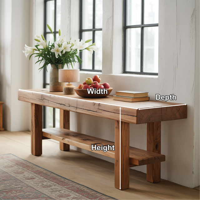 Handcrafted Solid Wood Console Table with Live Edge Design and Lower Shelf for Rustic Interiors