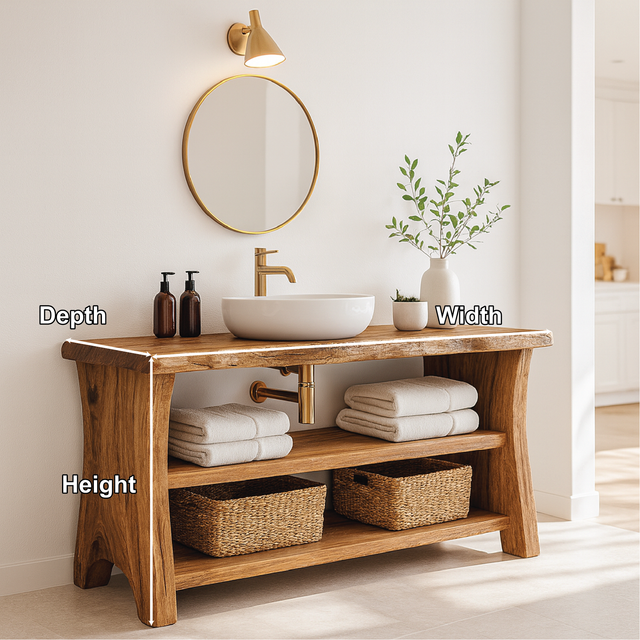 Handcrafted Solid Wood Bathroom Vanity with Live Edge Design and Open Shelf Bathroom Storage