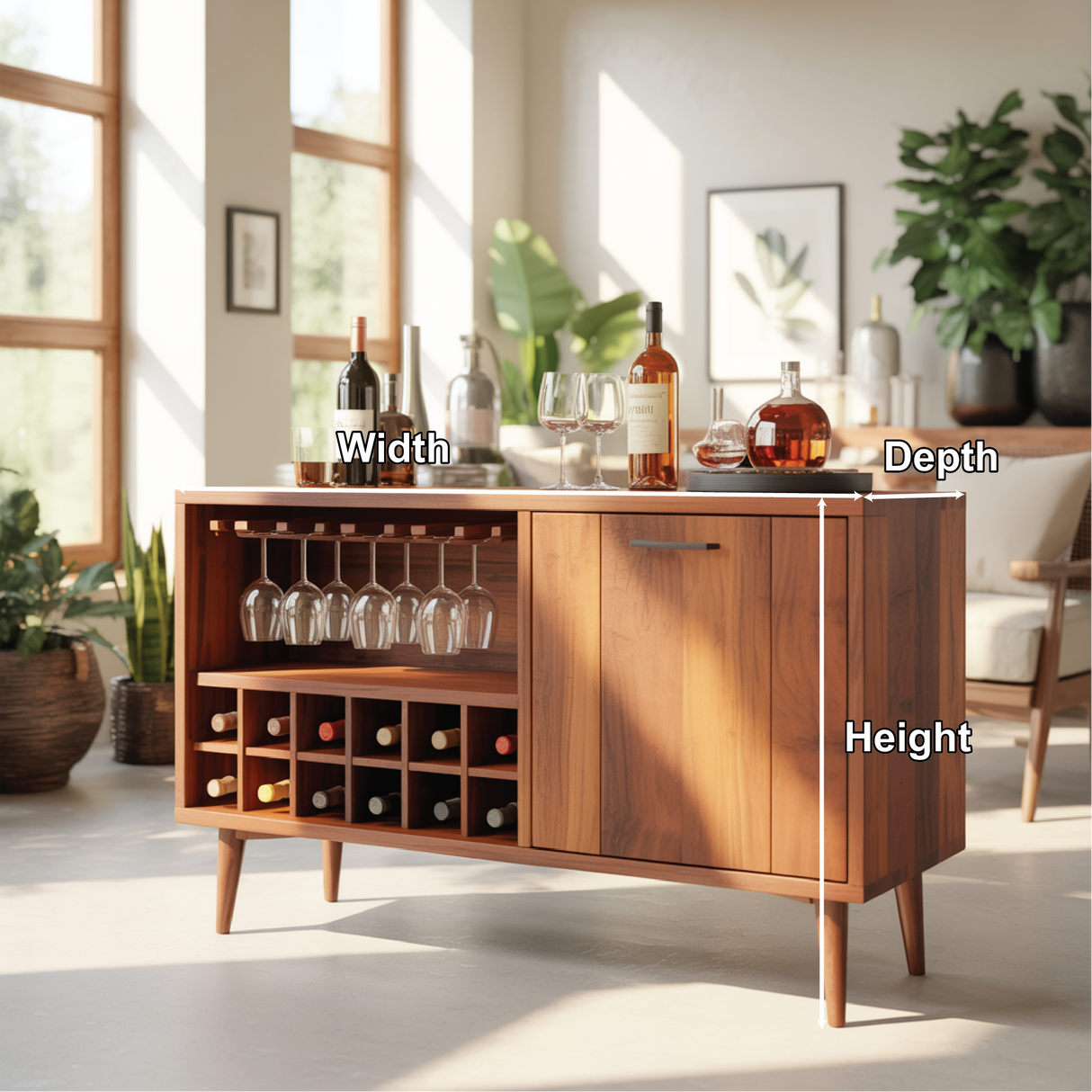 Handcrafted Solid Wood Dining Cabinet with Wine Rack and Hanging Glass Storage