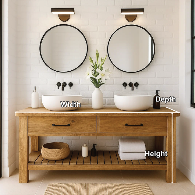 Handcrafted Double Solid Wood Bathroom Vanity with Drawers and Slatted Shelf for Modern Homes