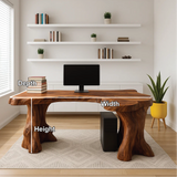 Handcrafted Solid Wood Executive Desk – Live Edge Office Table with Natural Tree Trunk Base Design
