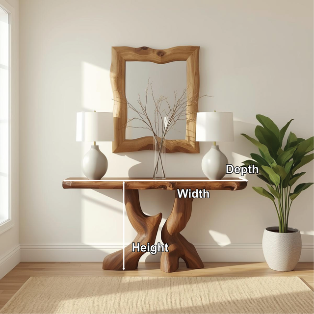 Handcrafted Solid Wood Console Table with Artistic Curved Base and Natural Live Edge Design