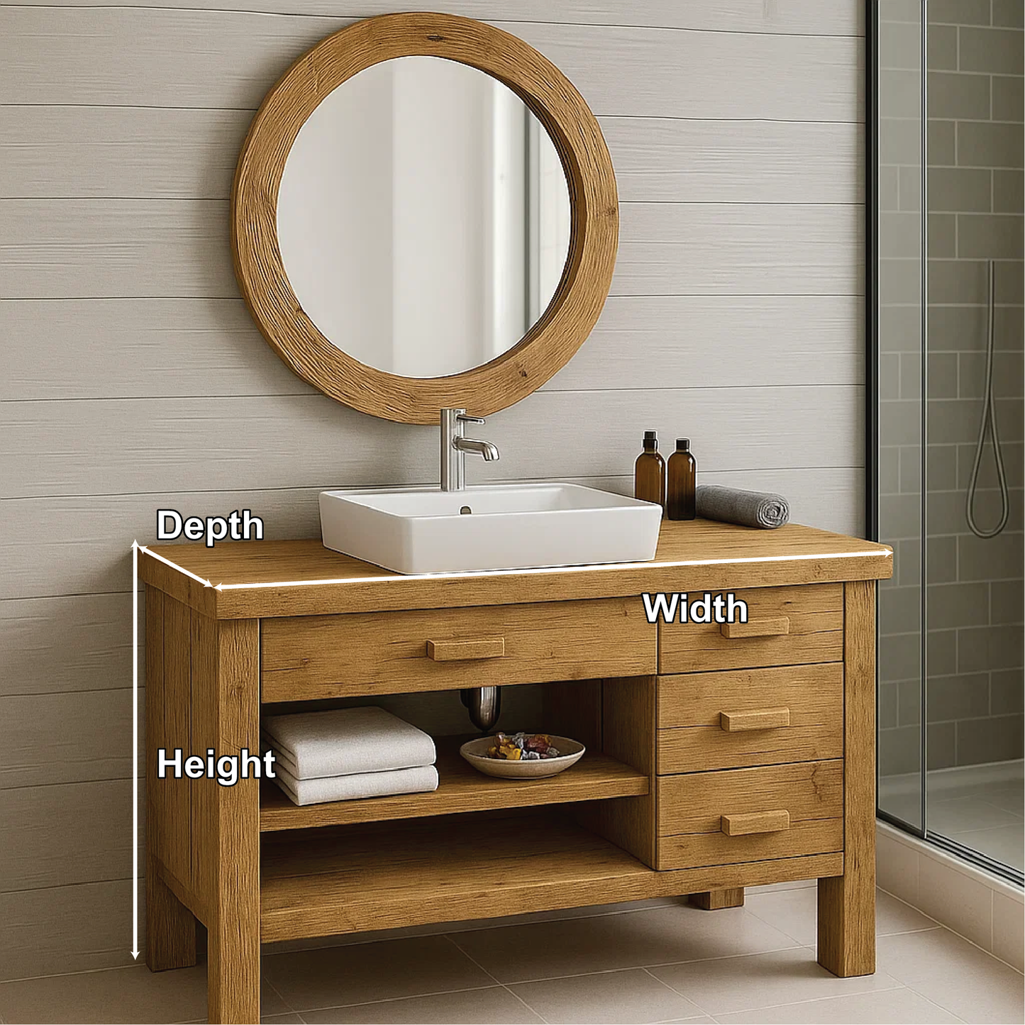 Handcrafted Solid Wood Bathroom Vanity with Drawers and Open Shelf in Natural Minimalist Style