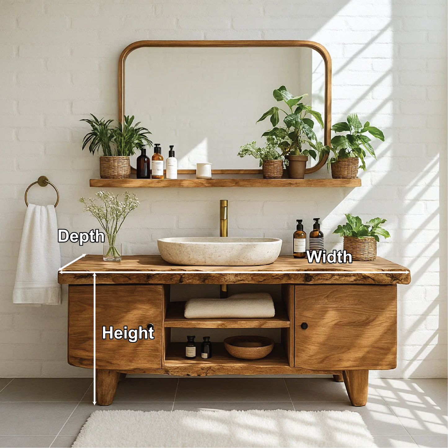 Handcrafted Solid Wood Bathroom Vanity with Live Edge Top and Natural Minimalist Design