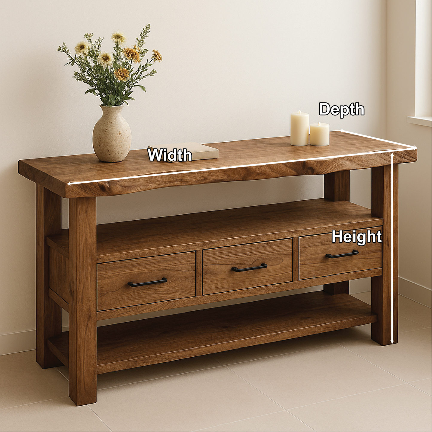 Handcrafted Solid Wood Console Table with Live Edge Top and Storage Drawers for Rustic Interiors