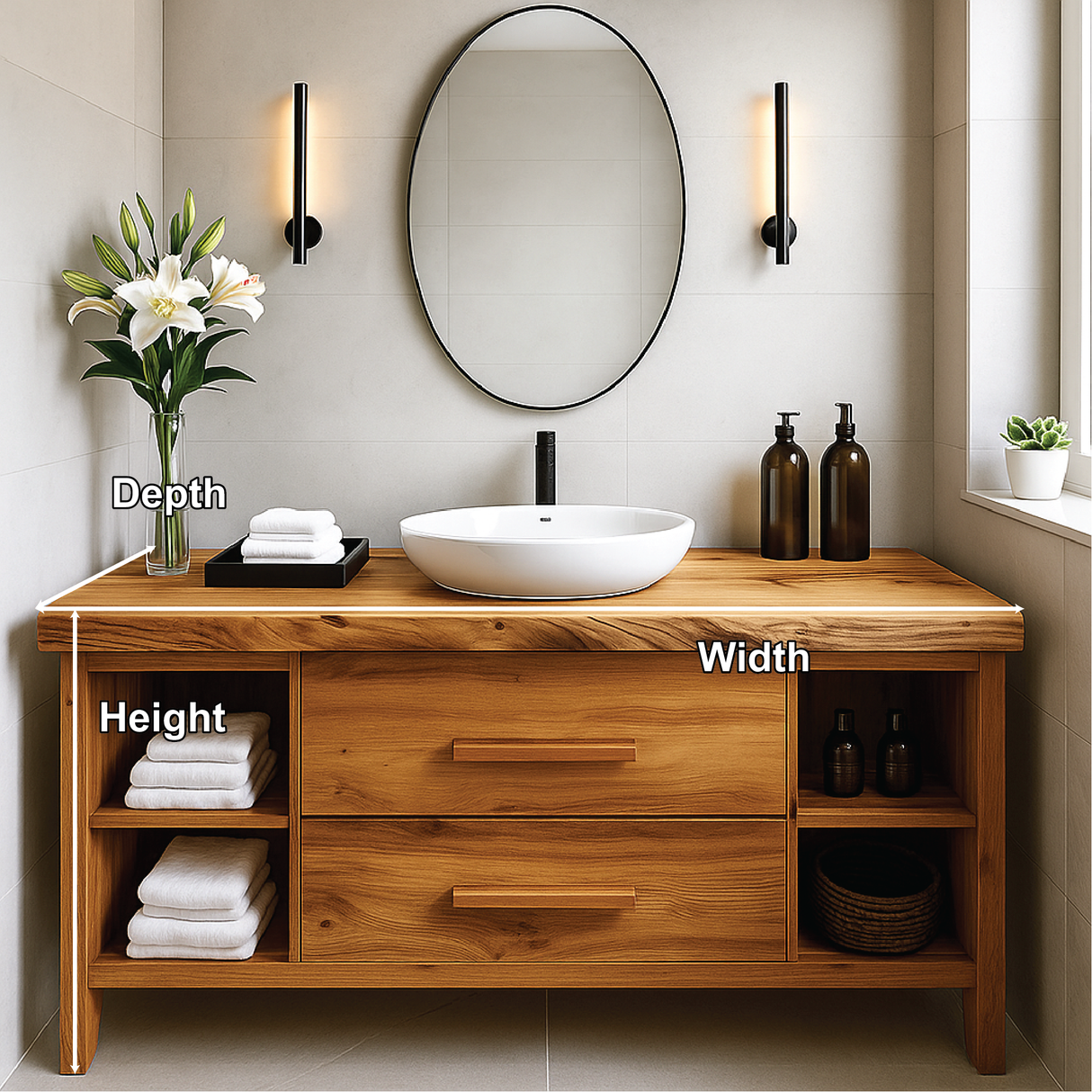 Handcrafted Solid Wood Bathroom Vanity with Drawers and Open Shelves for Modern Interiors