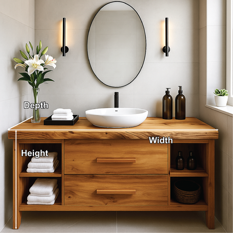 Handcrafted Solid Wood Bathroom Vanity with Drawers and Open Shelves for Modern Interiors