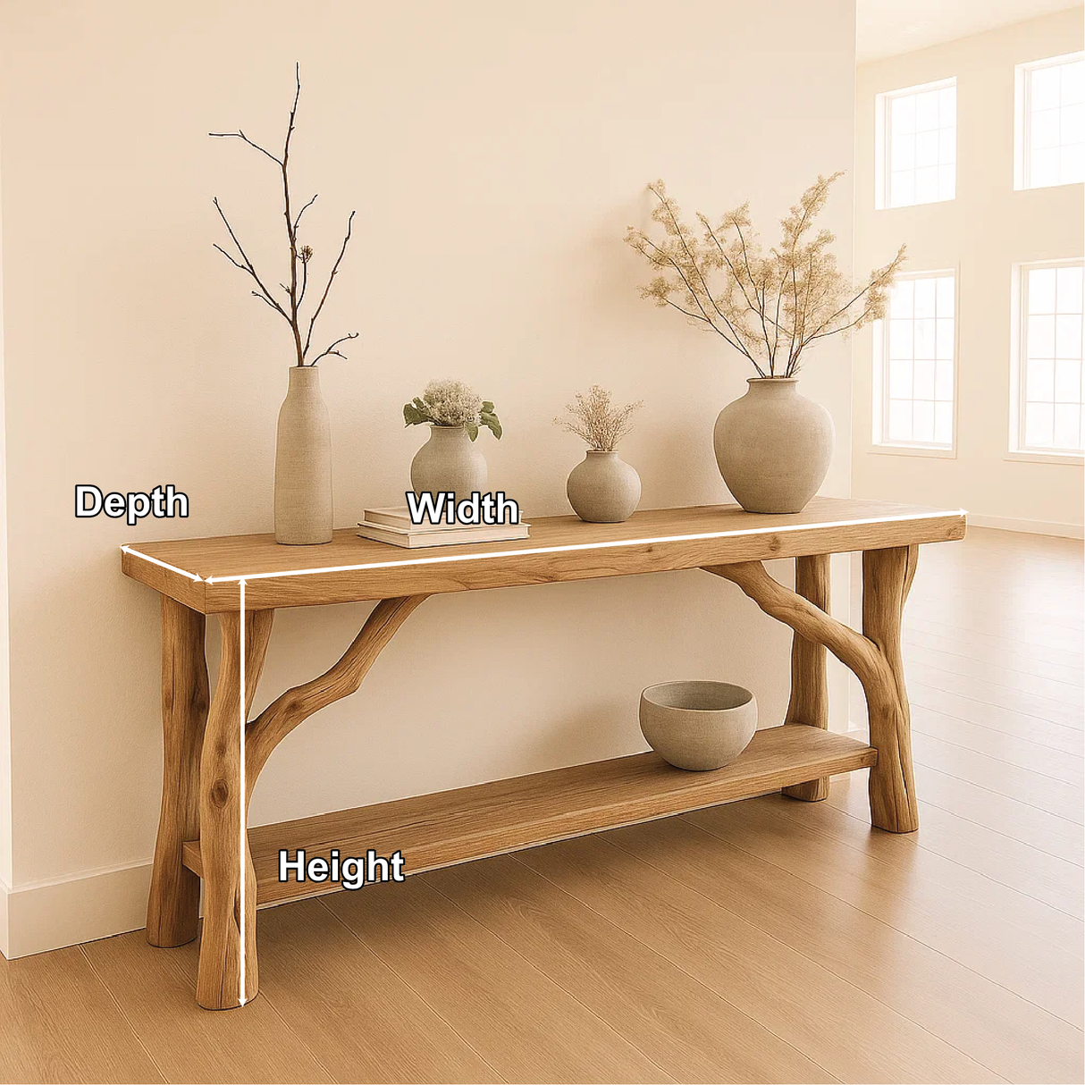 Handcrafted Solid Wood Console Table with Natural Branch Legs for Organic Minimalist Interiors
