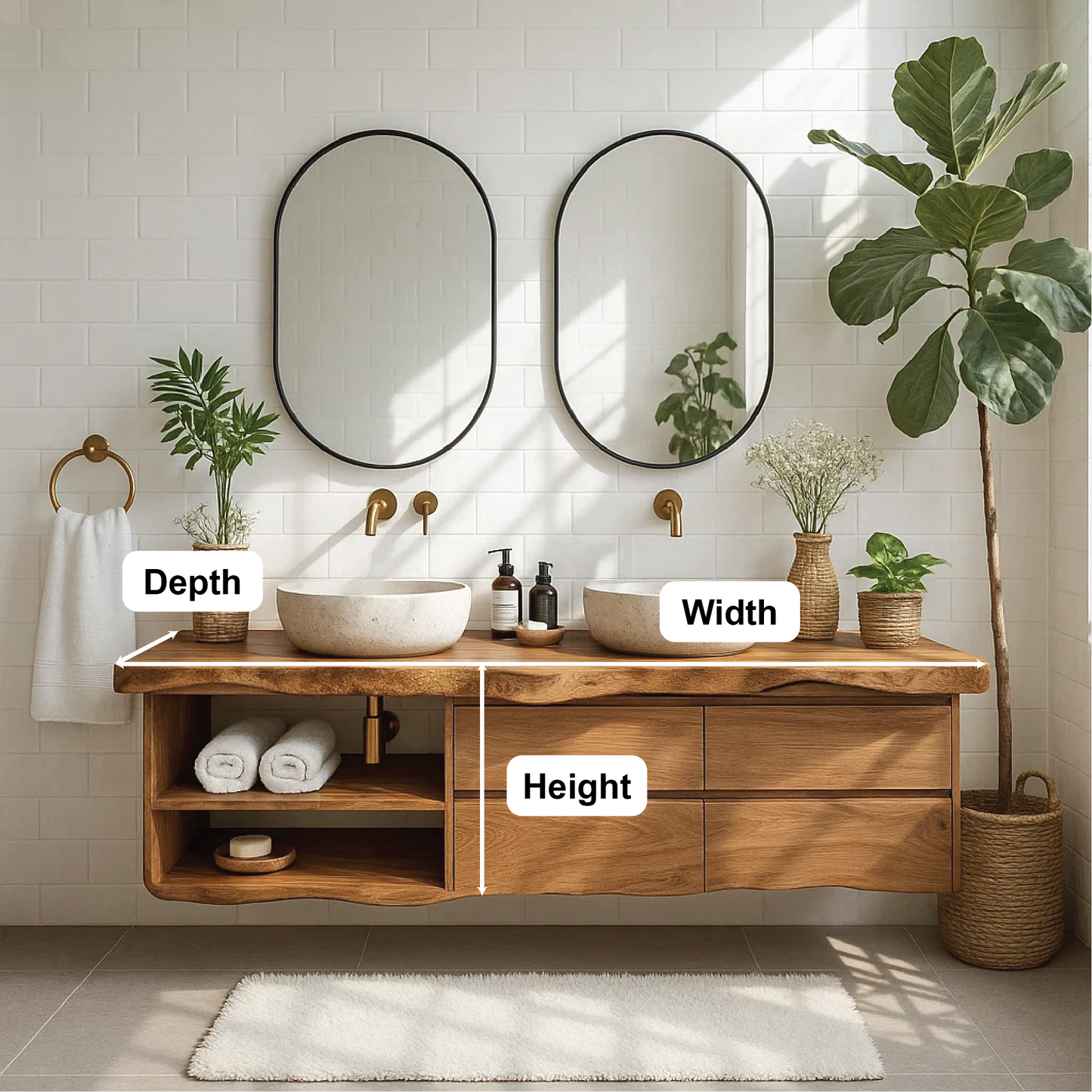 Handcrafted Solid Wood Double Floating Vanity with Live Edge Design and Ample Drawer Storage