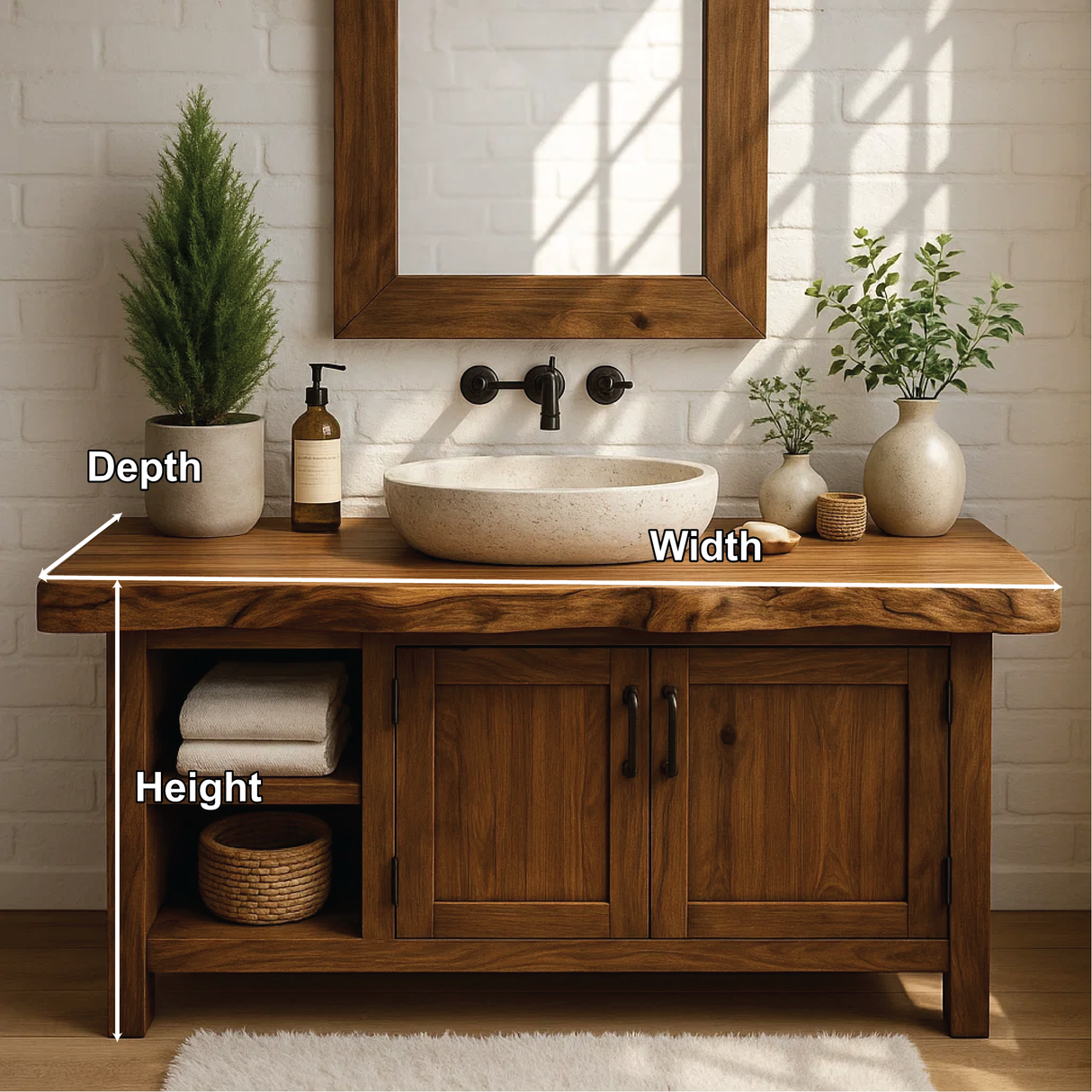 Handcrafted Solid Wood Bathroom Vanity with Live Edge Top and Farmhouse Rustic Design