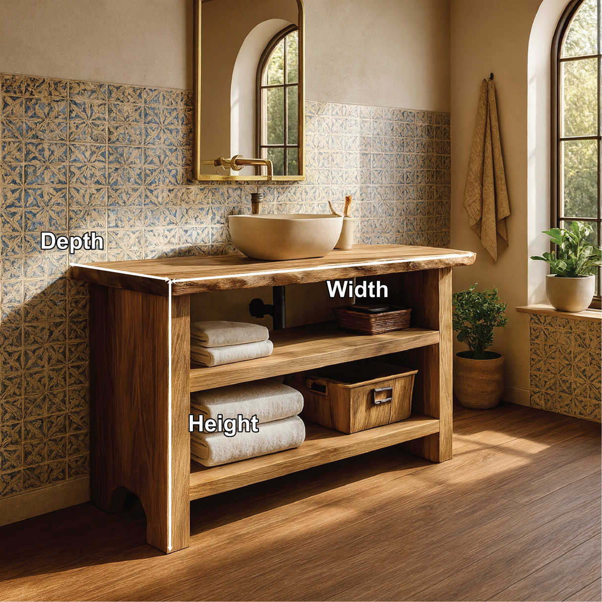 Handcrafted Solid Wood Bathroom Vanity with Live Edge Design and Rustic Open Shelf Storage